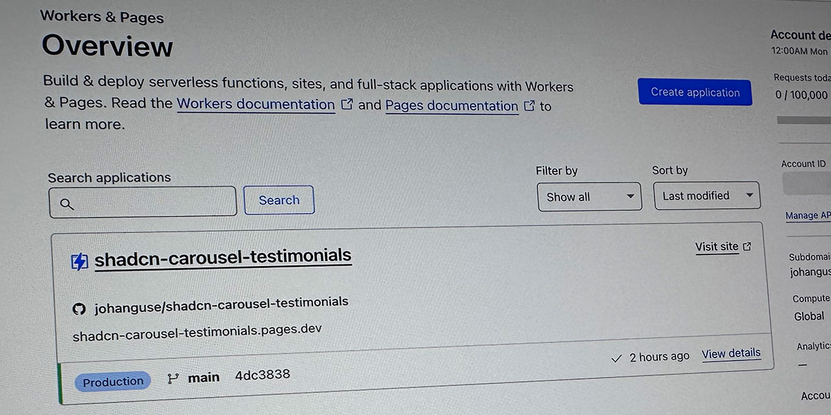 Cloudflare Workers and Pages project overview in the dashboard