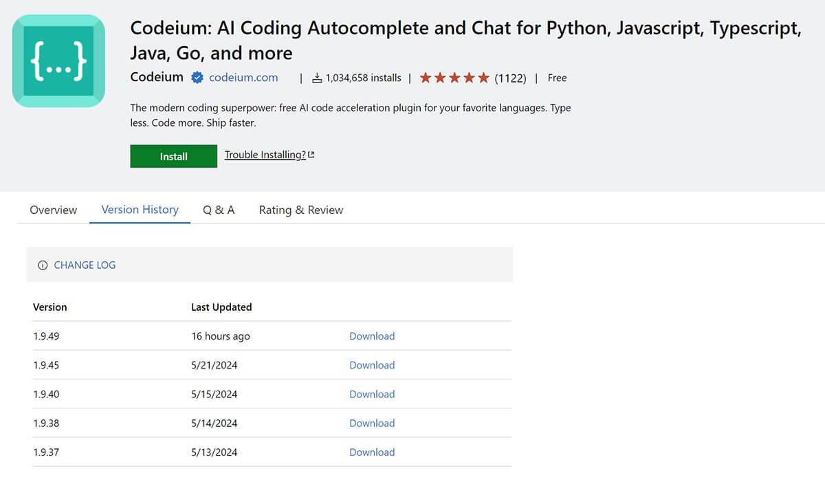 VS Code Marketplace Version History section to download a vsix