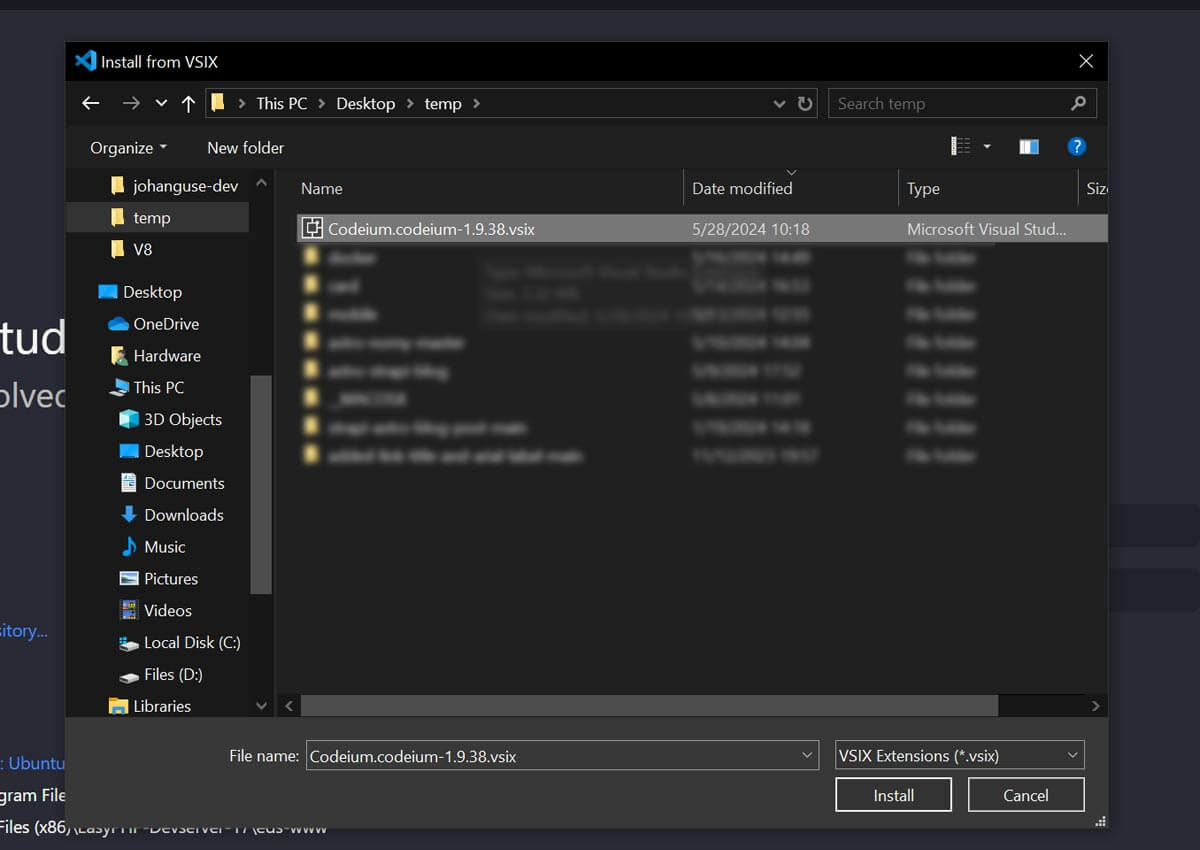 File picker choosing a downloaded VSIX file on Windows