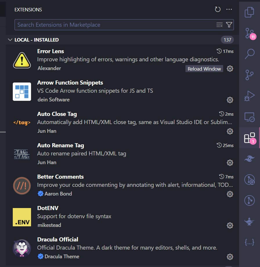 VS Code Extensions view with the extension search open