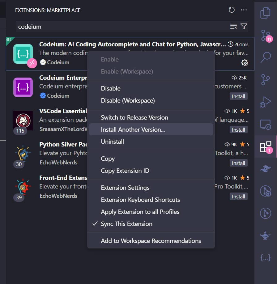 VS Code context menu showing Install Another Version