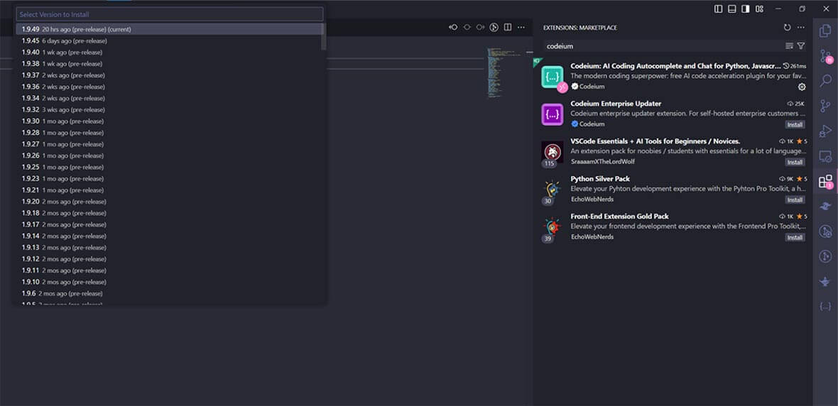 VS Code list of previous extension versions to install